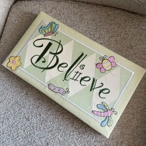 Springtime Green 'Believe' Embroidered Decorative Canvas Sign